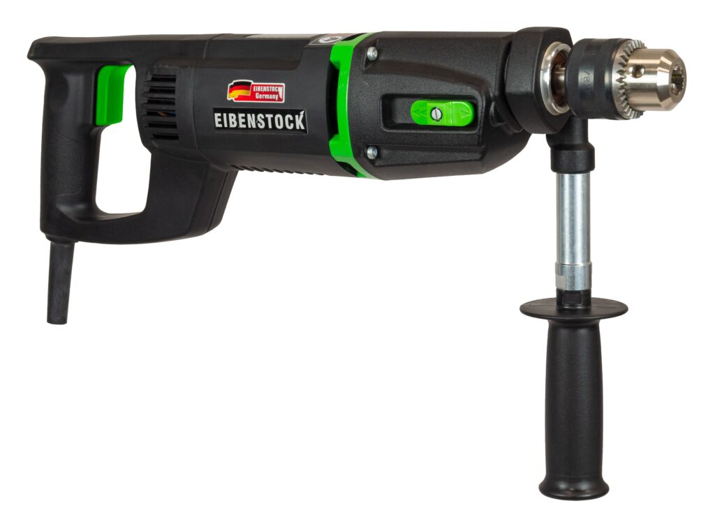 Black and green Eibenstock heavy-duty corded power drill with an auxiliary side handle and metal chuck.