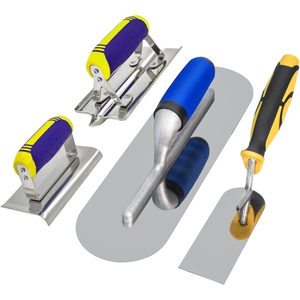 Assorted metal masonry trowels and hawks with colorful blue and yellow ergonomic handles.