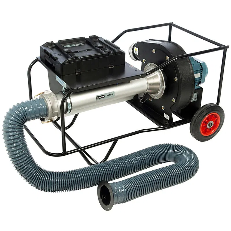 Airflow Panda industrial portable blower with a silver duct, flexible grey hose, and wheeled black frame.
