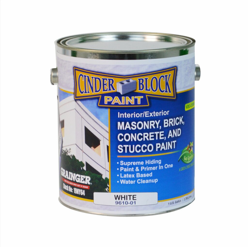 A can of Cinder Block Paint for masonry, brick, concrete, and stucco in white, 1 U.S. gallon.
