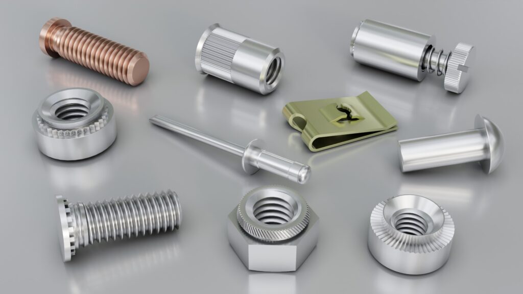 A variety of industrial fasteners, including bolts, nuts, rivets, and a spring clip, arranged on a metallic surface.