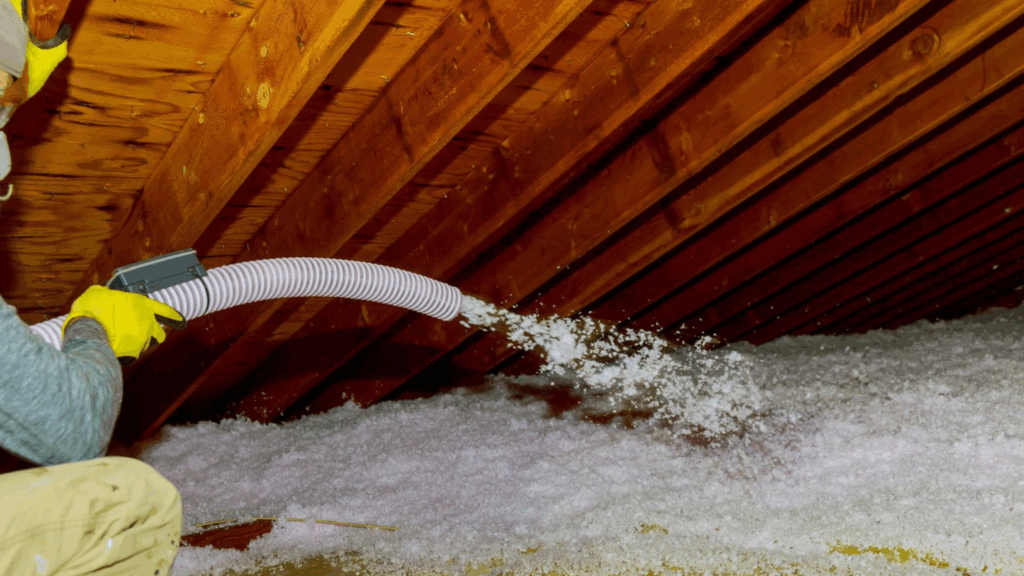 Worker using a blower hose to install loose-fill insulation in a wooden attic.