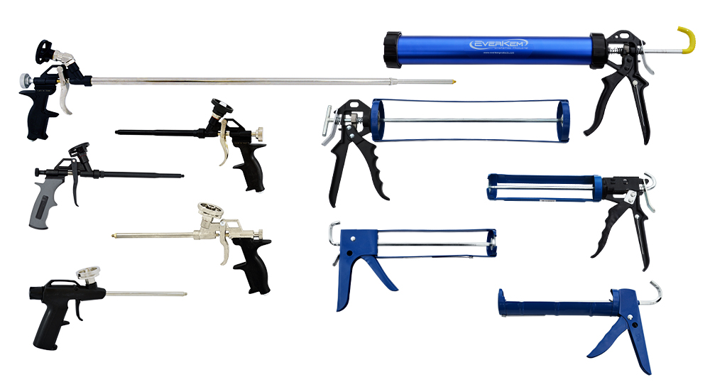 Assorted professional sealant and caulk dispensing guns.
