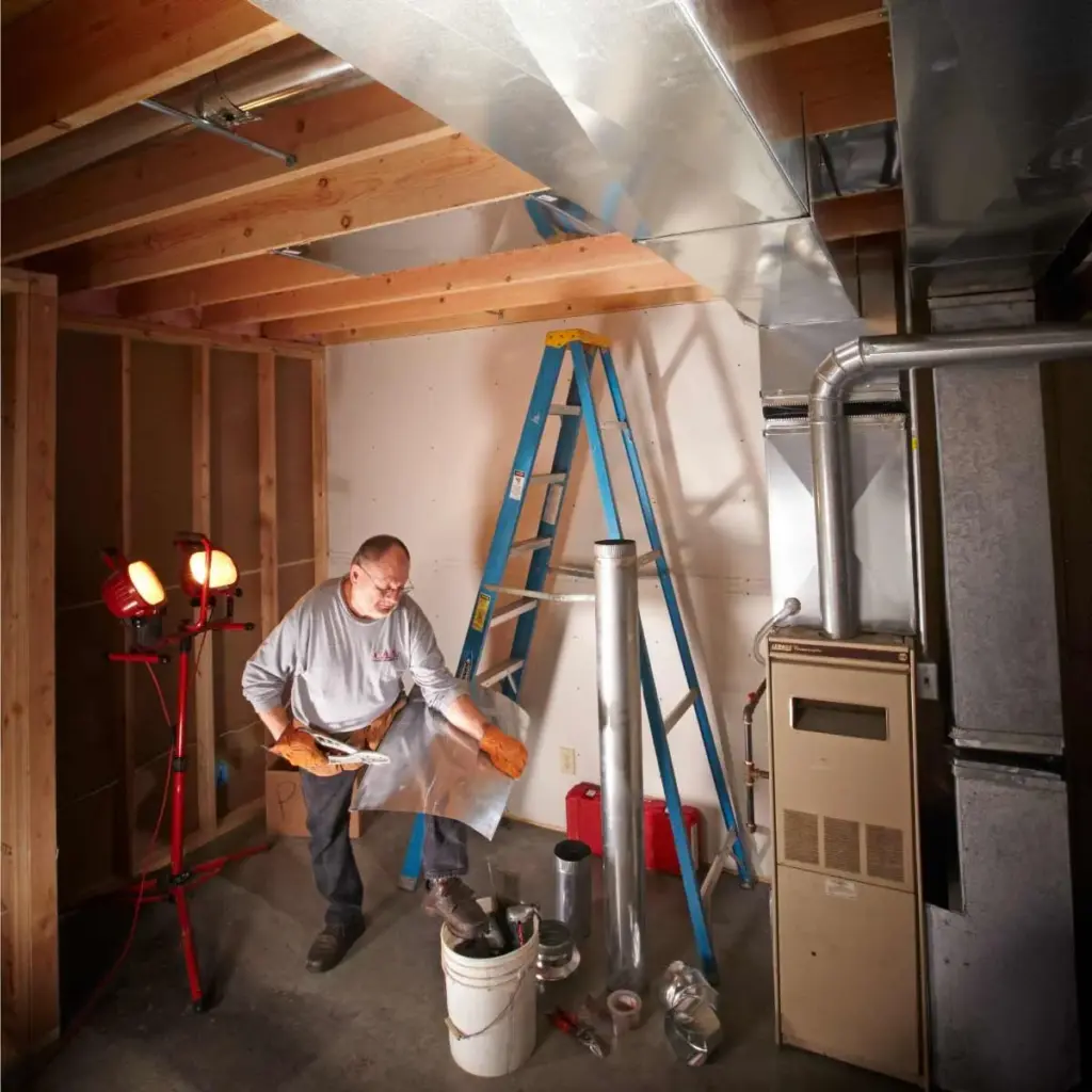 HVAC technician working with sheet metal in an unfinished room with ductwork, a furnace, and a ladder.