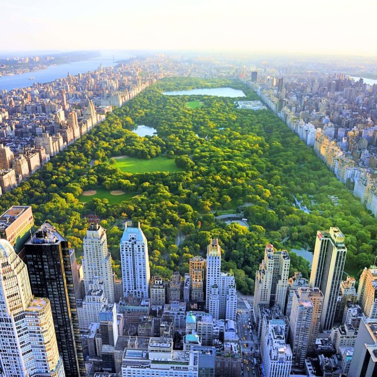 Aerial view of Central Park, a lush green space surrounded by the skyscrapers of New York City.