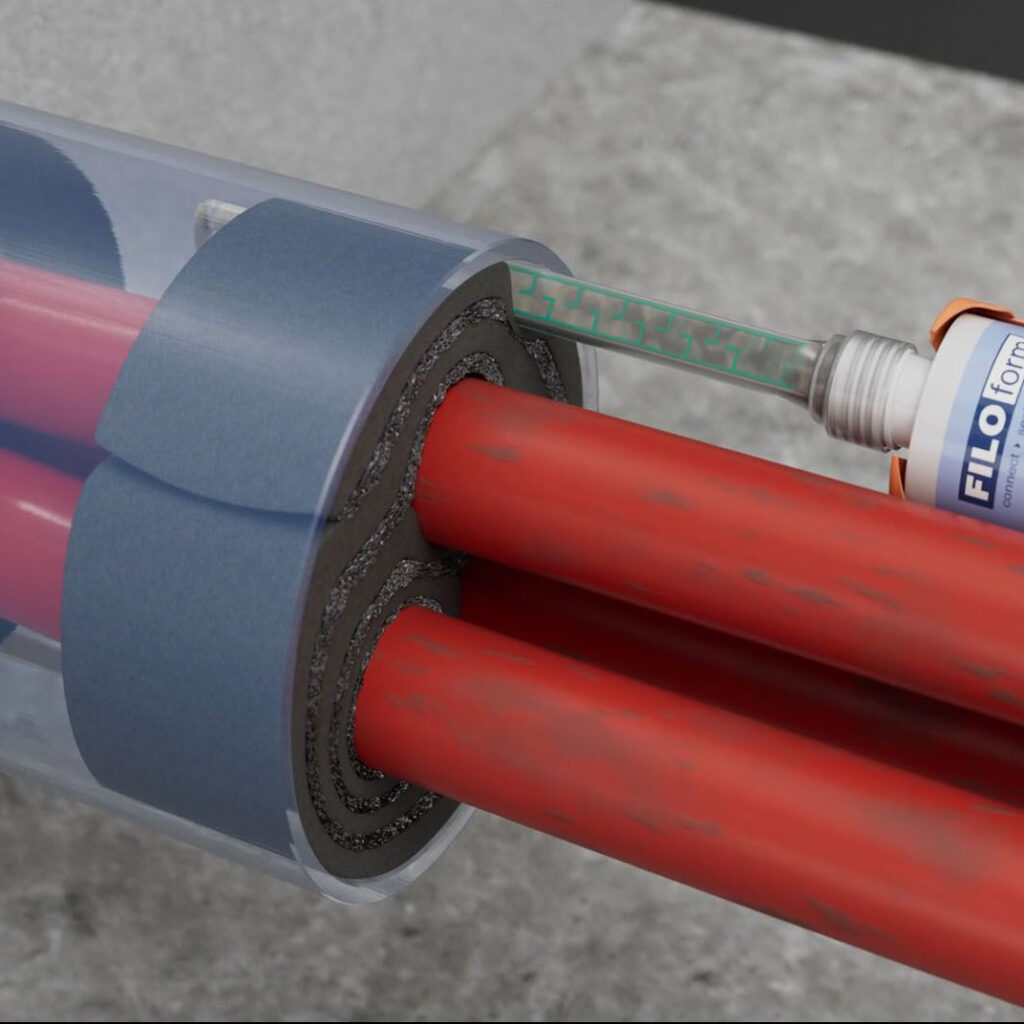 3D cross-section diagram of a fiber optic cable with two red core wires and a translucent outer sheath.
