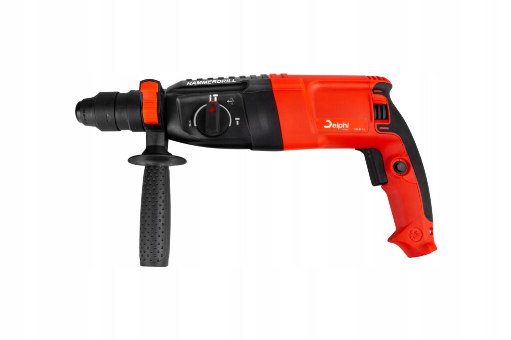 Red and black Delphi Tools hammer drill with an adjustable side handle.