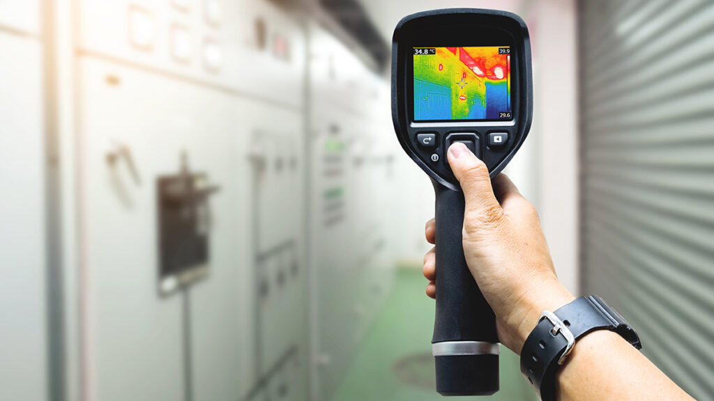 Handheld thermal imaging camera showing a heat map scan of an industrial electrical cabinet.