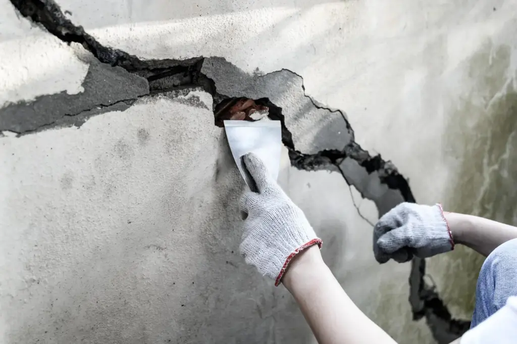 A person wearing work gloves uses a putty knife to repair a large, deep crack in a concrete wall.