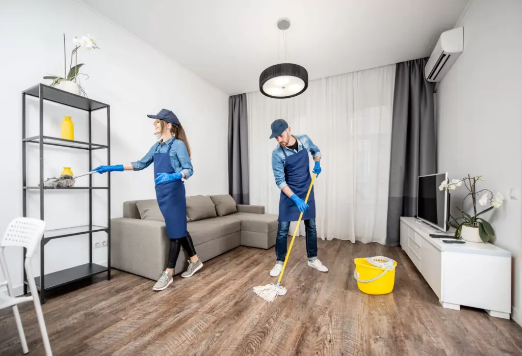 Two professional cleaners in blue uniforms dusting shelves and mopping the wooden floor in a modern living room.
