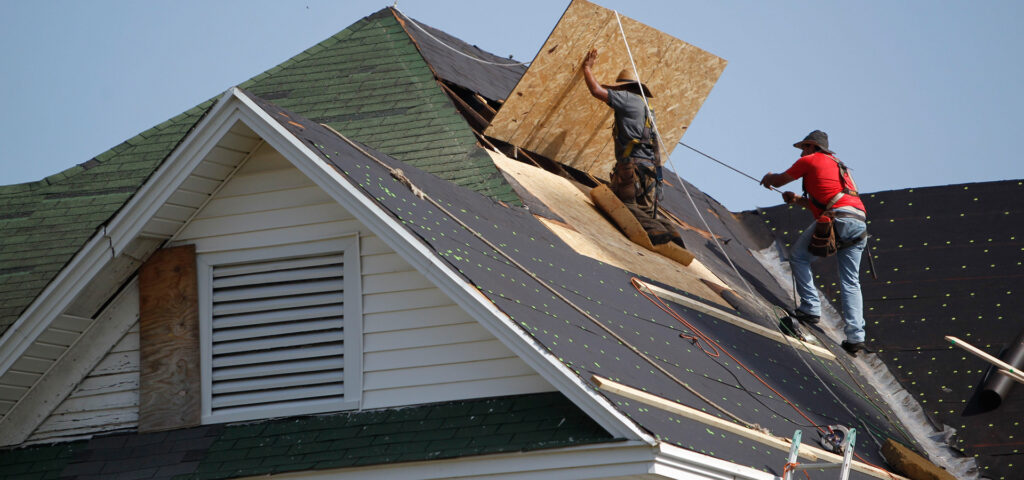 Two roofers installing plywood on a house roof with green shingles and black underlayment.