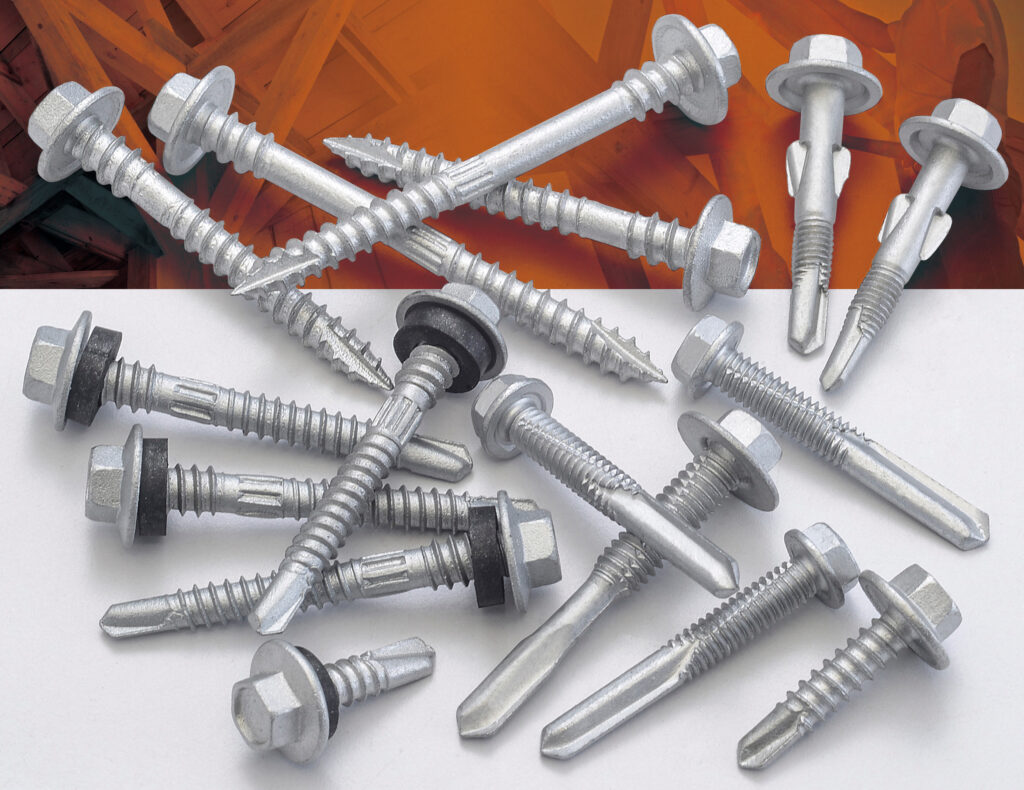 Collection of silver galvanized hex-head construction screws and self-drilling fasteners with rubber washers.
