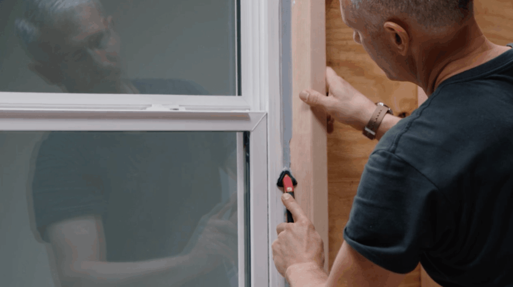 A man installs wooden trim around a white window frame using a small tool.