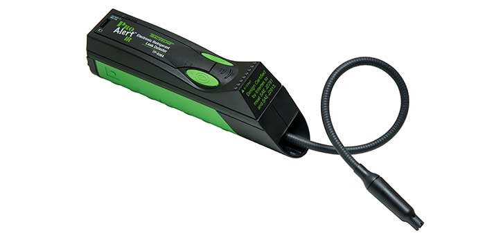 Black and green Pro Alert Electronic Refrigerant Leak Detector with an attached flexible probe.
