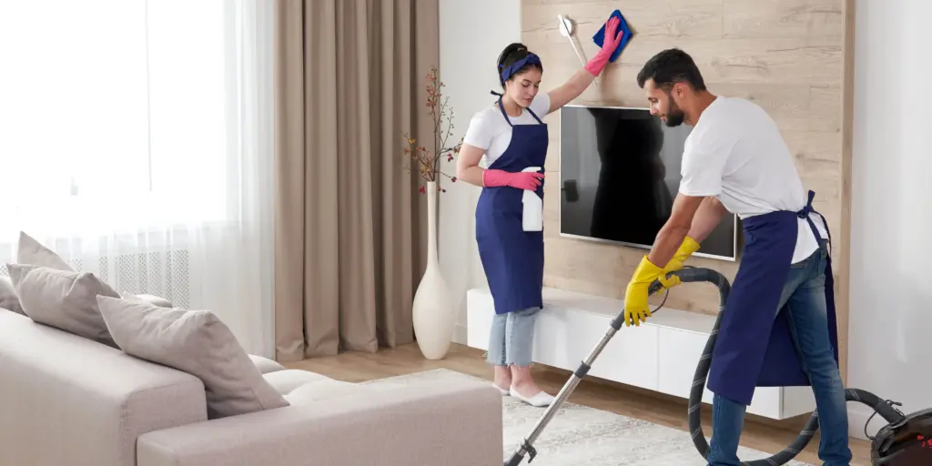 Two cleaners in blue aprons vacuuming the floor and wiping a wall in a modern living room.