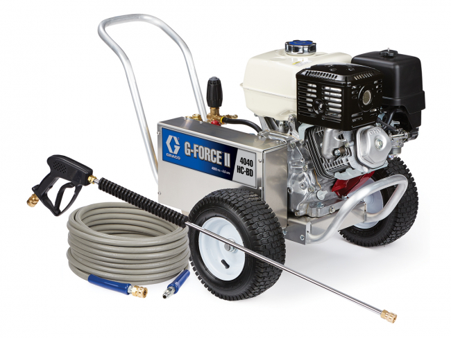 Graco G-FORCE II 4040 HC-BD gas-powered pressure washer with coiled hose and spray gun.
