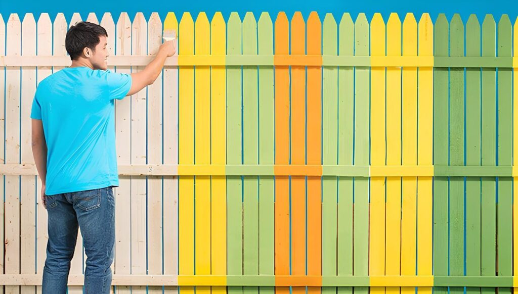 A person in a blue shirt painting a wooden fence with bright, multicolored stripes.