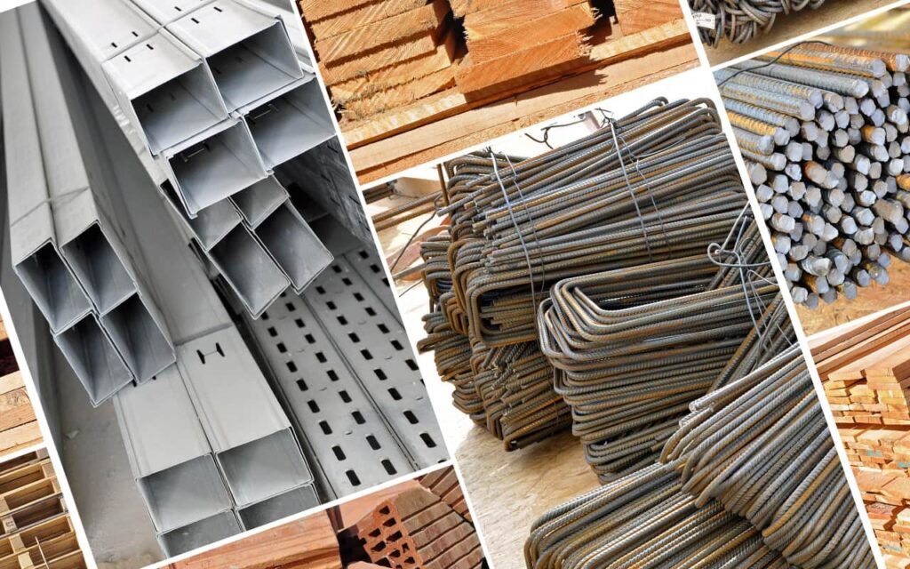 Collage of construction materials including bent steel rebar, metal channels, wooden planks, and bricks.
