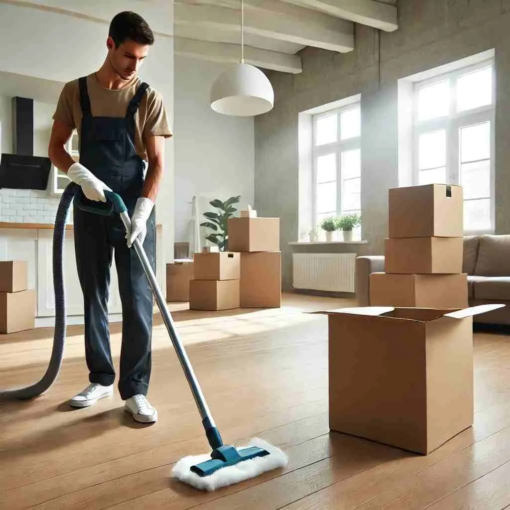 Man in blue overalls and white gloves vacuuming a wooden floor in a room with cardboard moving boxes.