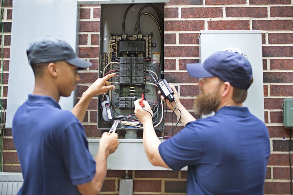 Two electricians in blue uniforms inspecting and testing an open electrical panel on a brick wall.
