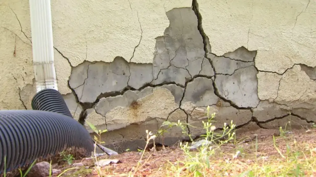 Severe cracks and peeling stucco exposing broken concrete on a home's exterior foundation wall.