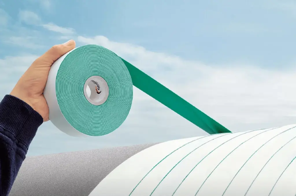 Hand holding a roll of green sealing tape applied to a white roofing membrane outdoors.