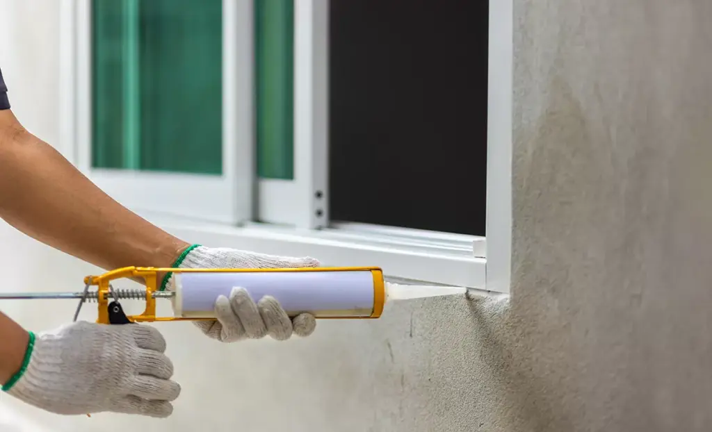 Gloved hands using a caulking gun to apply sealant between a white window frame and a concrete wall.