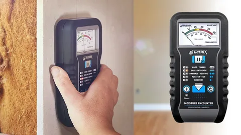 Tramex Moisture Encounter meter shown in use on a wall and in a detailed product close-up.