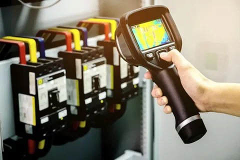 Thermal imaging camera scanning a row of electrical circuit breakers in an industrial panel.