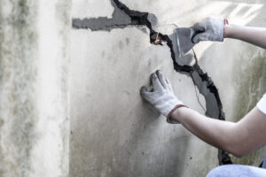 Gloved hands using a putty knife to repair a large, deep crack in a concrete wall.