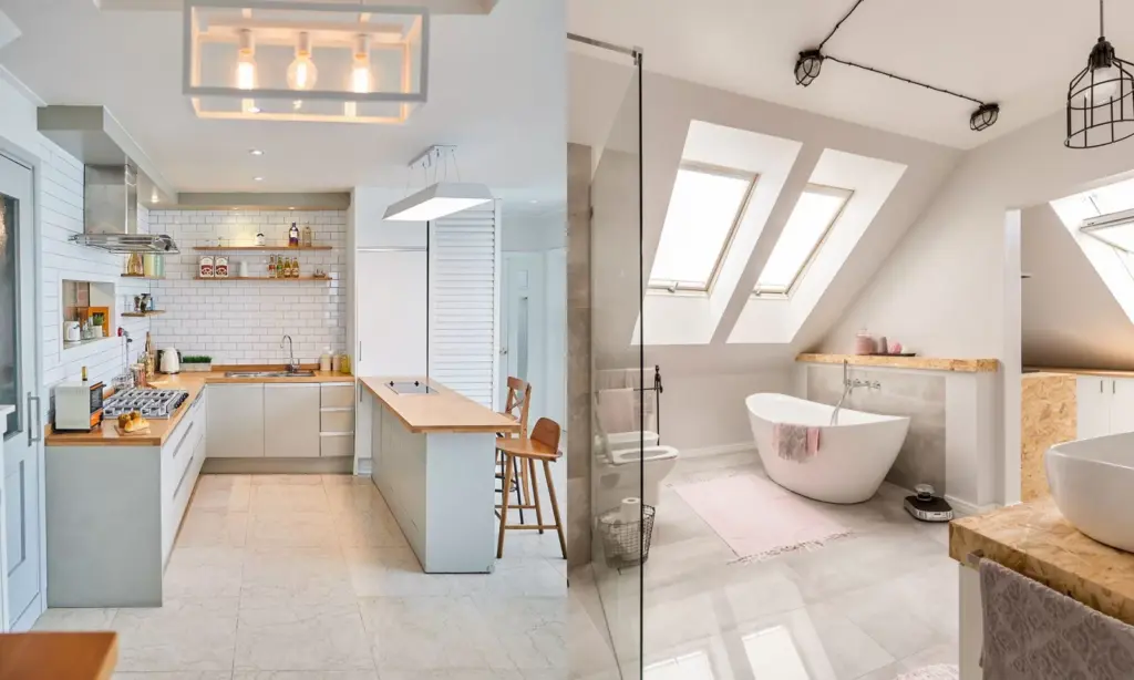 Side-by-side view of a modern white kitchen with an island and a bright attic bathroom with a freestanding tub.