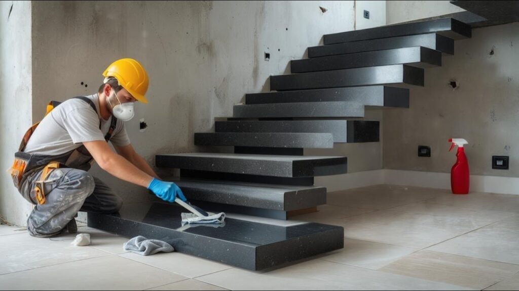 Worker in a hard hat and dust mask cleaning the bottom step of a black floating stone staircase.