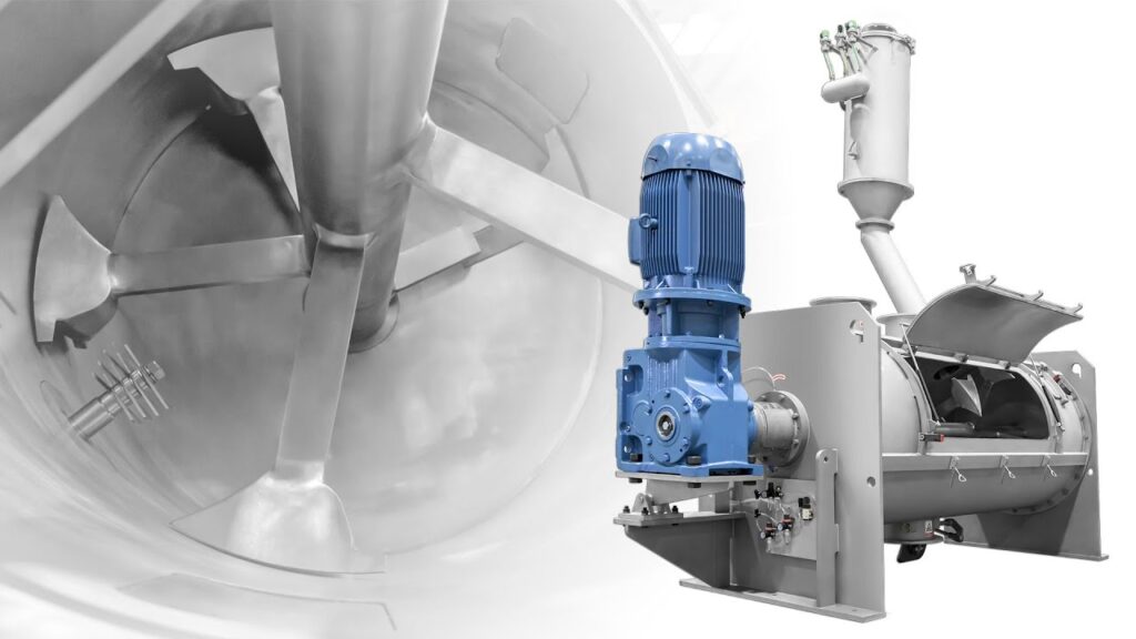 Industrial mixer with a blue motor, alongside a close-up view of its internal mixing blades.