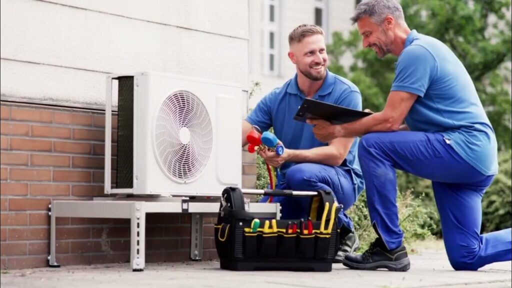 Two technicians in blue uniforms servicing an outdoor AC unit with a clipboard and pressure gauges.