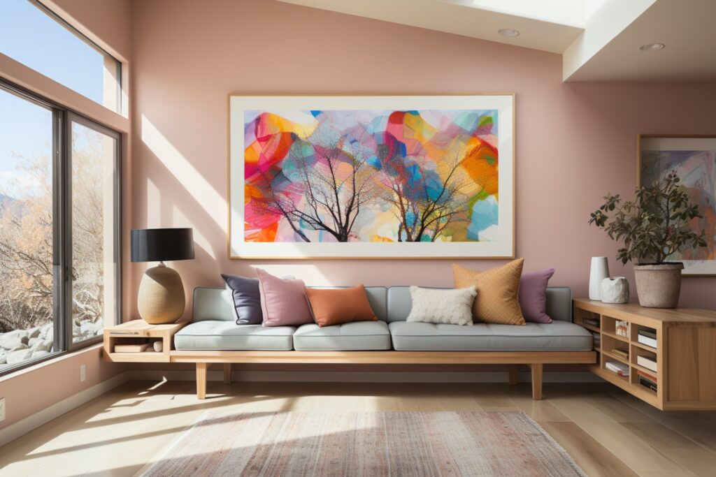 Modern living room with pink walls, a large colorful abstract painting, and a light blue sofa with colorful pillows.