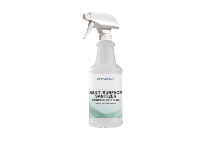 Averex Multi Surface Sanitizer Sanicare SD13 Plus spray bottle.