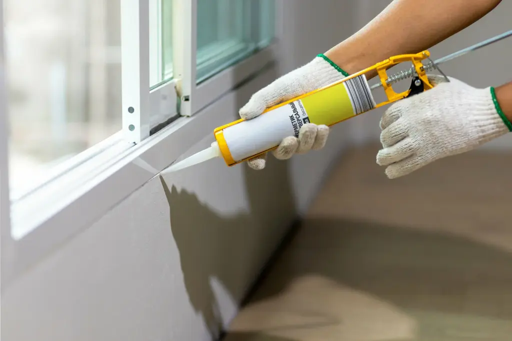 Gloved hands applying sealant to a window frame with a yellow caulking gun.