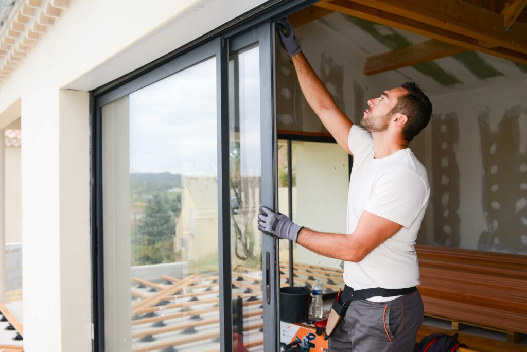 Worker installing a large black-framed sliding glass door in a home under construction.