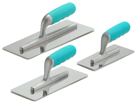 Three steel finishing trowels with textured teal rubber handles, shown in varying sizes against a white background.