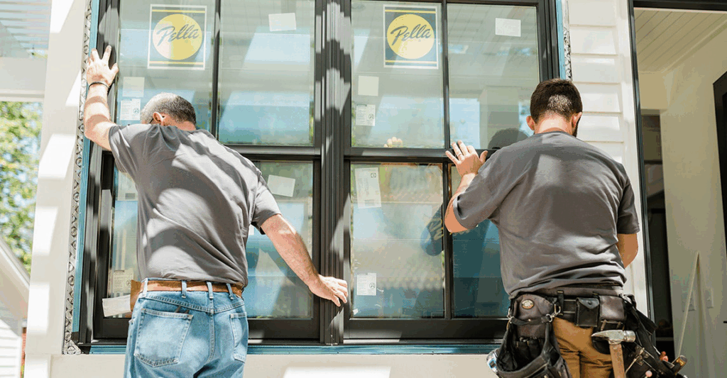 Two workers installing a large black-framed Pella window into a residential building.