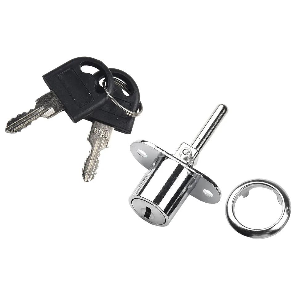 Chrome plunger lock with a mounting flange, two keys, and a bezel trim ring.