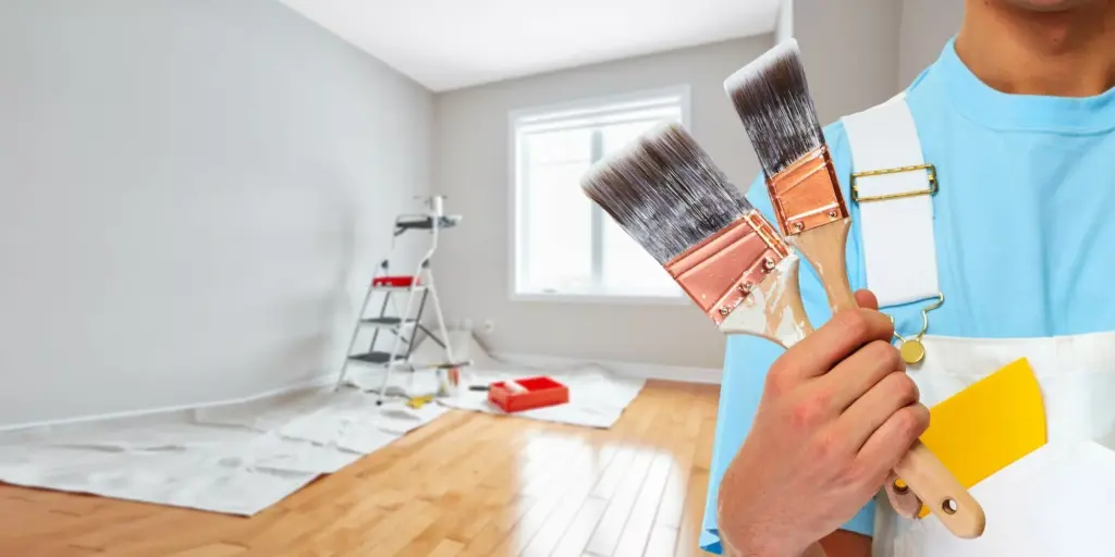 Painter holding two paintbrushes with a renovated room and painting equipment in the background.