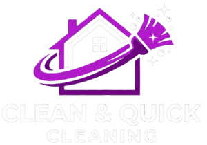 Logo for Clean & Quick Cleaning featuring a purple house outline being swept by a purple broom with sparkles.