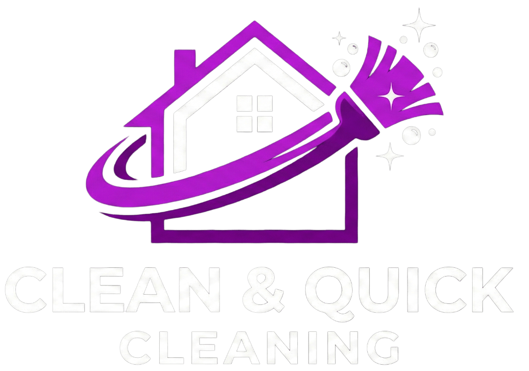 Logo for Clean & Quick Cleaning featuring a purple house outline being swept by a purple broom with sparkles.