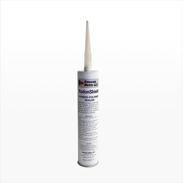 Emecole Metro LLC RadonShield Hybrid Polymer Sealer tube with a white applicator nozzle.