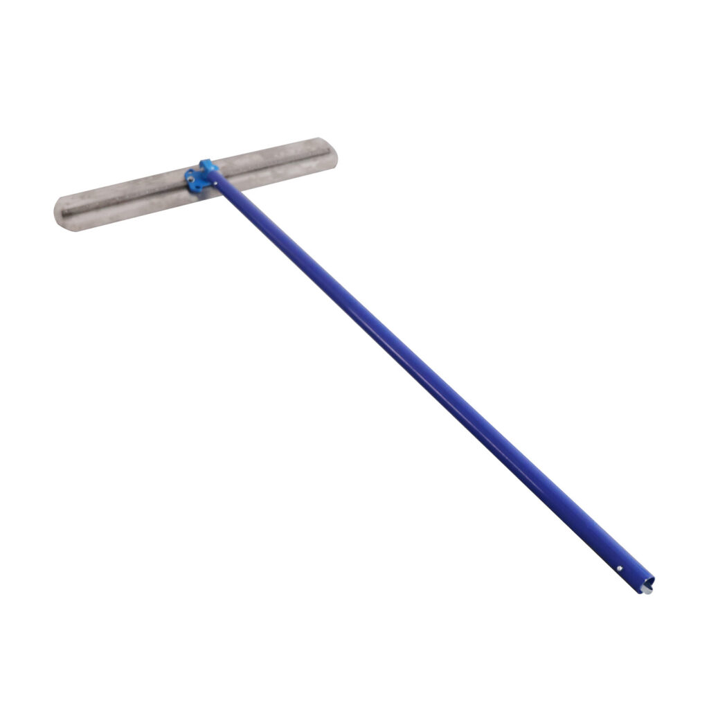 Concrete bull float with a blue metal handle and a long, flat steel blade.