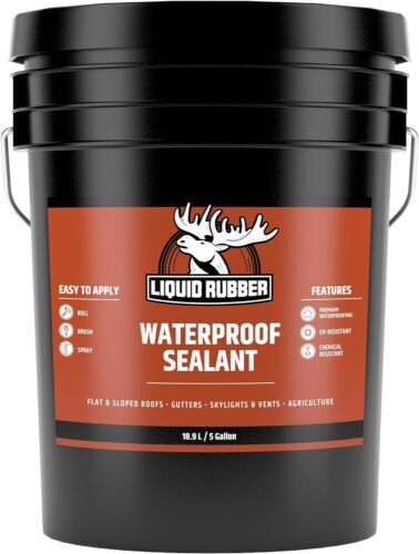 Five-gallon bucket of Liquid Rubber waterproof sealant for roofs, gutters, and skylights.