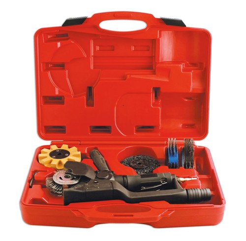 Pneumatic surface preparation tool with various wire wheel and abrasive attachments in a red carrying case.