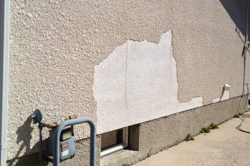 Large irregular patch of white plaster on a textured beige stucco exterior wall.