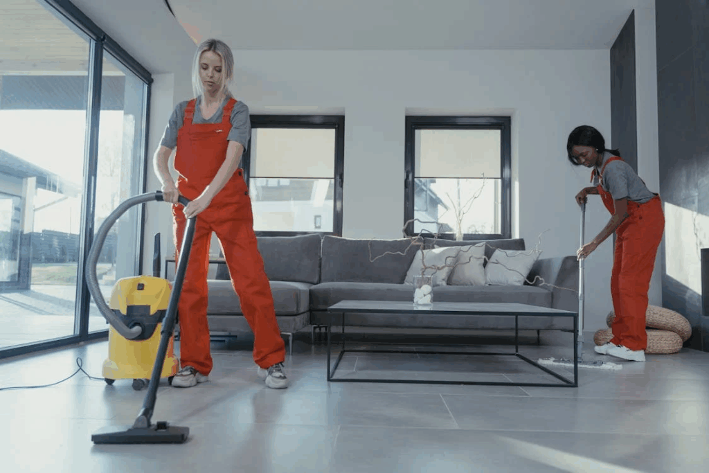 Two professional cleaners in orange jumpsuits cleaning the floor of a modern living room with a vacuum and mop.
